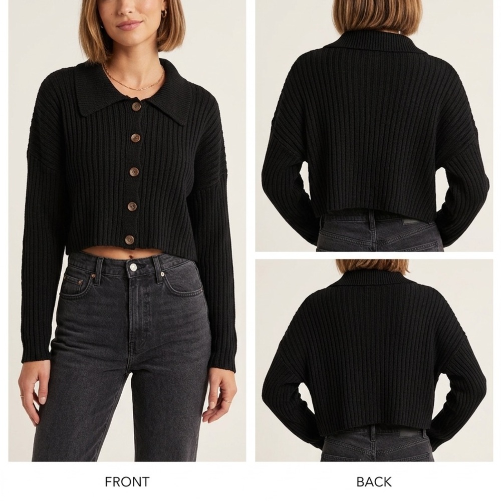 Black Ribbed Button-Up Sweater Double Zero NeW wi… - image 1